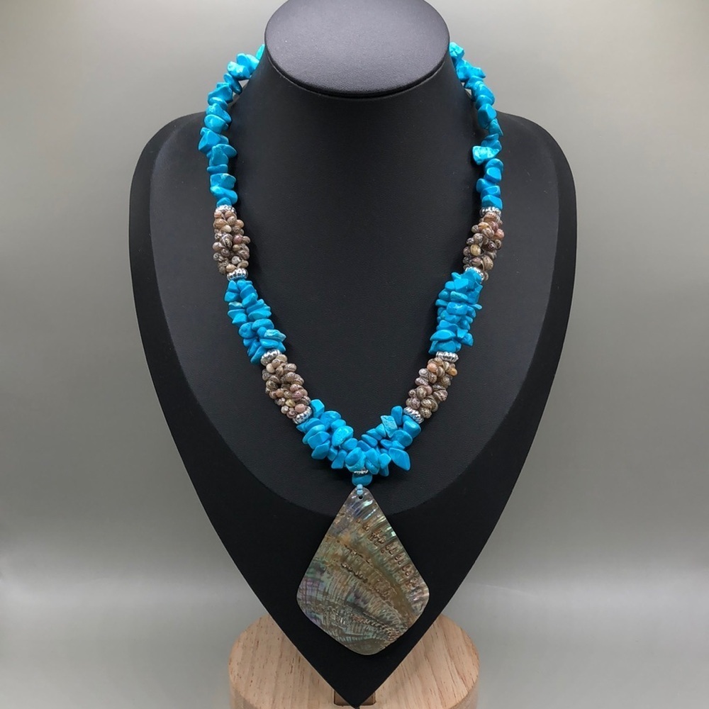 Turquoise look blue stone beads raw abalone shell pendant necklace boho beach.